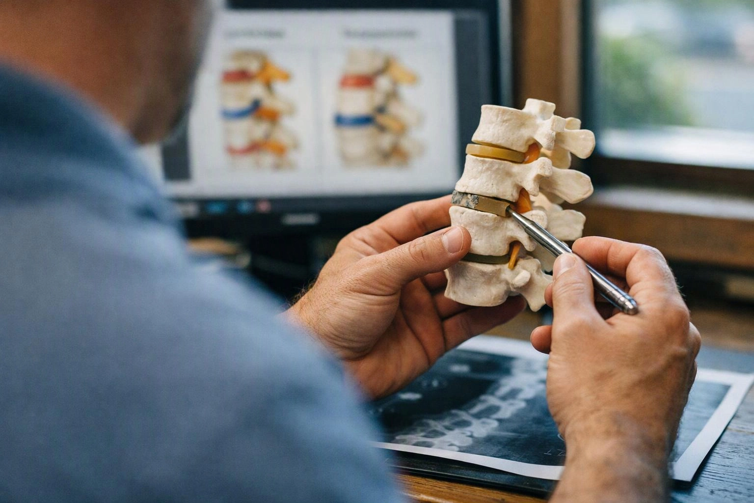 A person examines a spine model with a pen, while medical images show on a computer screen behind it