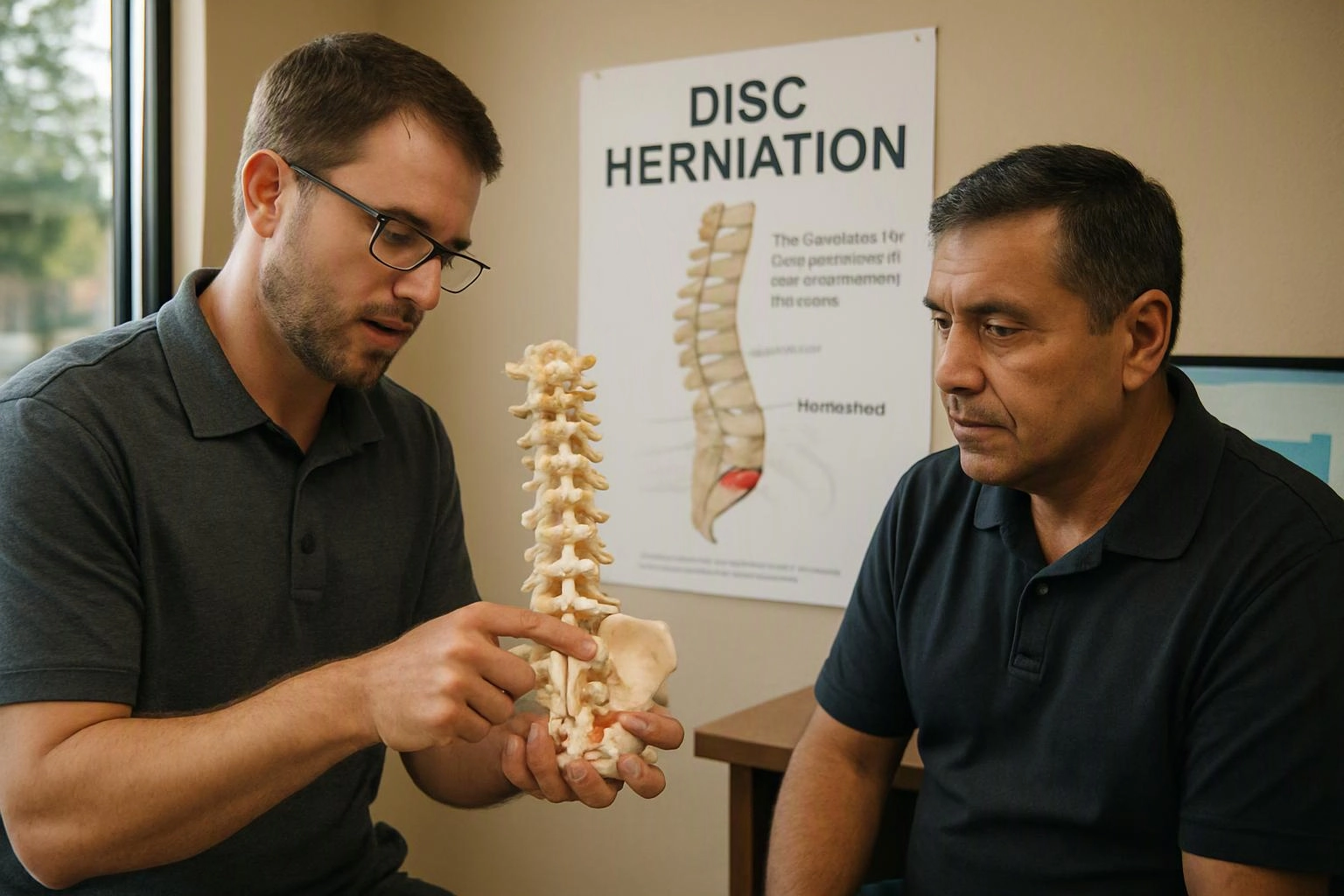 Two men examine a spine model in a clinic, with a disc herniation poster on the wall