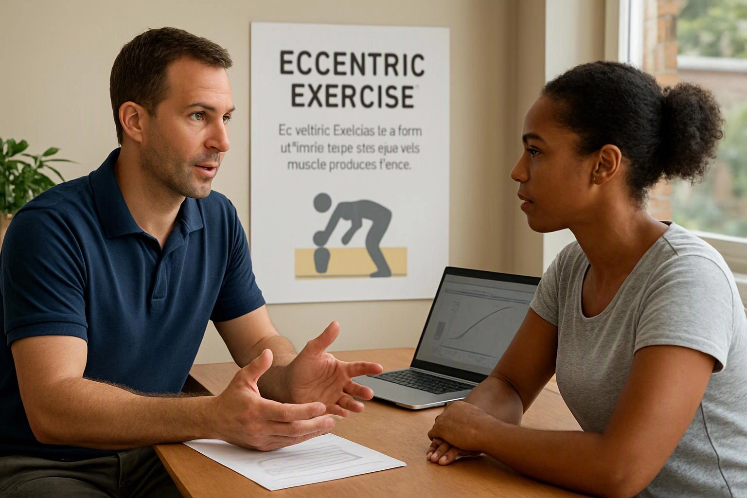 A man explains something to a woman across a table, with a laptop and exercise poster behind them