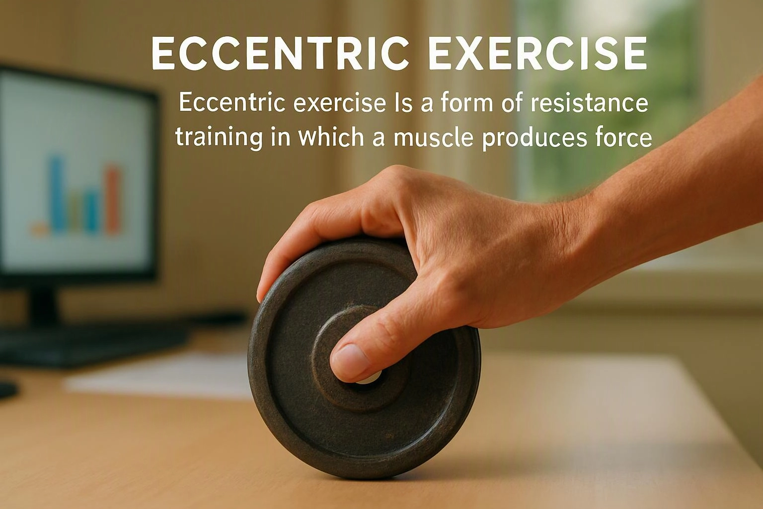 A hand holds a small weight on a desk, with an exercise text overlay and a blurred monitor in the background