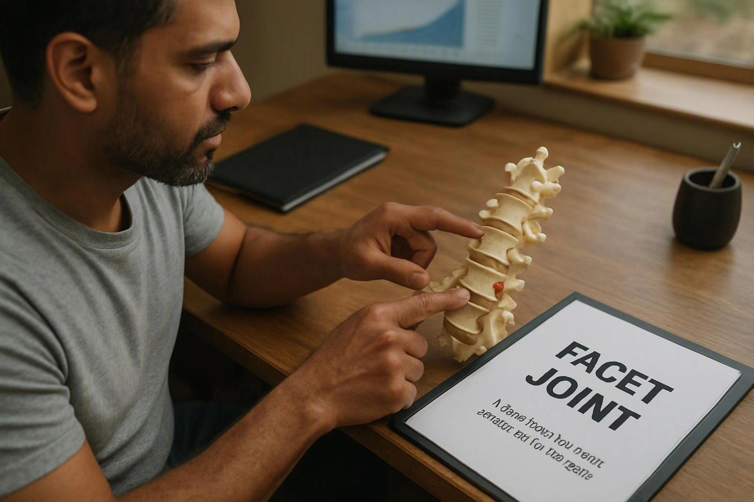 A man points at a spine model on a desk beside a paper labeled “FACET JOINT”
