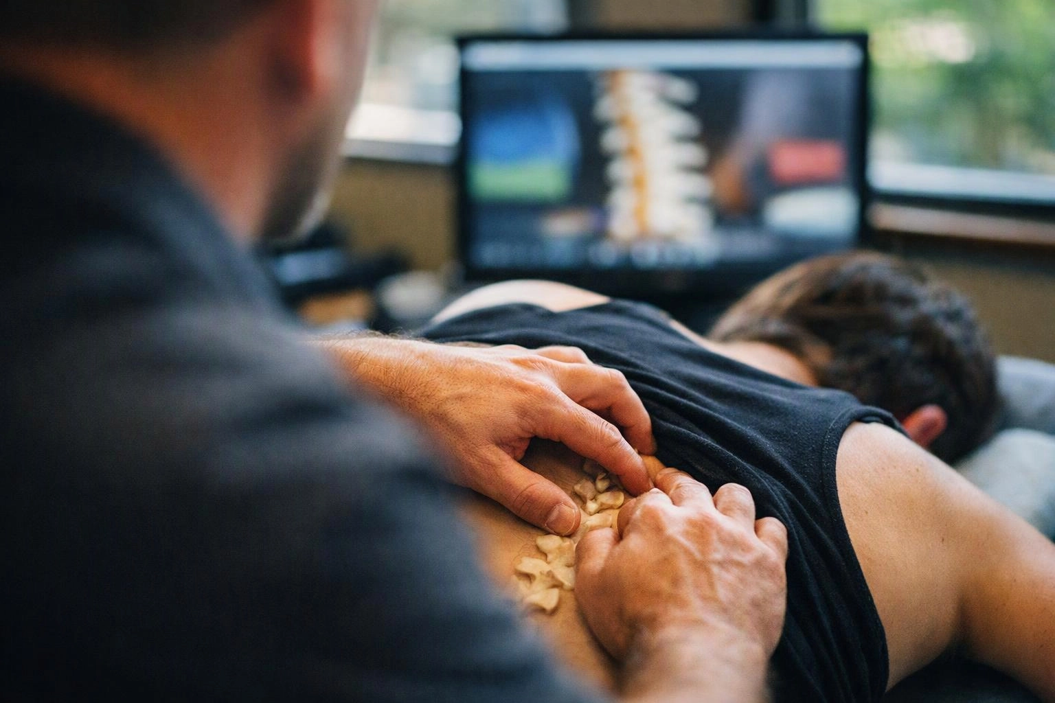 A chiropractor presses stones into a person’s back while they lie face down in a treatment room