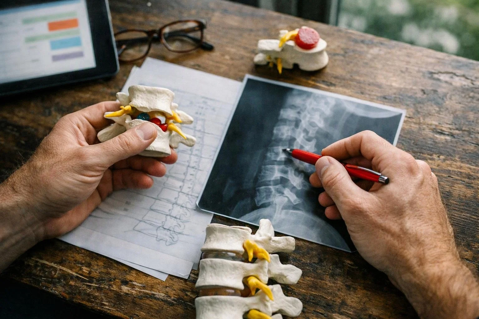 Hands study a spine model and X-ray while pointing with a red pen on a wooden desk