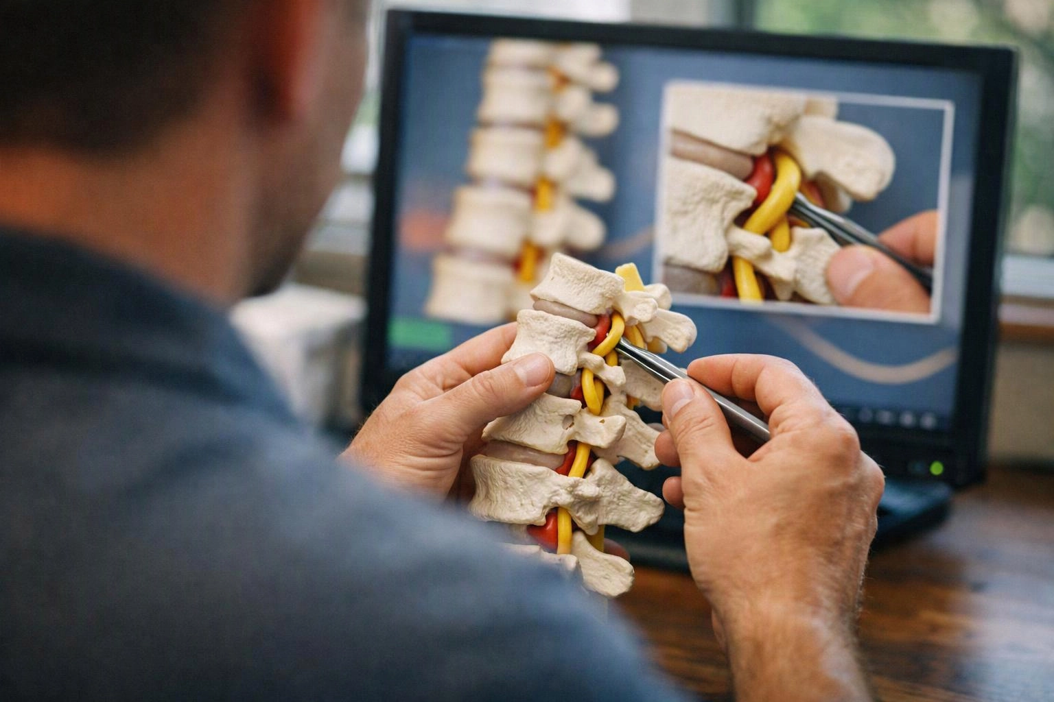 A person studies a spine model with tweezers while a computer screen shows a close-up diagram in the background