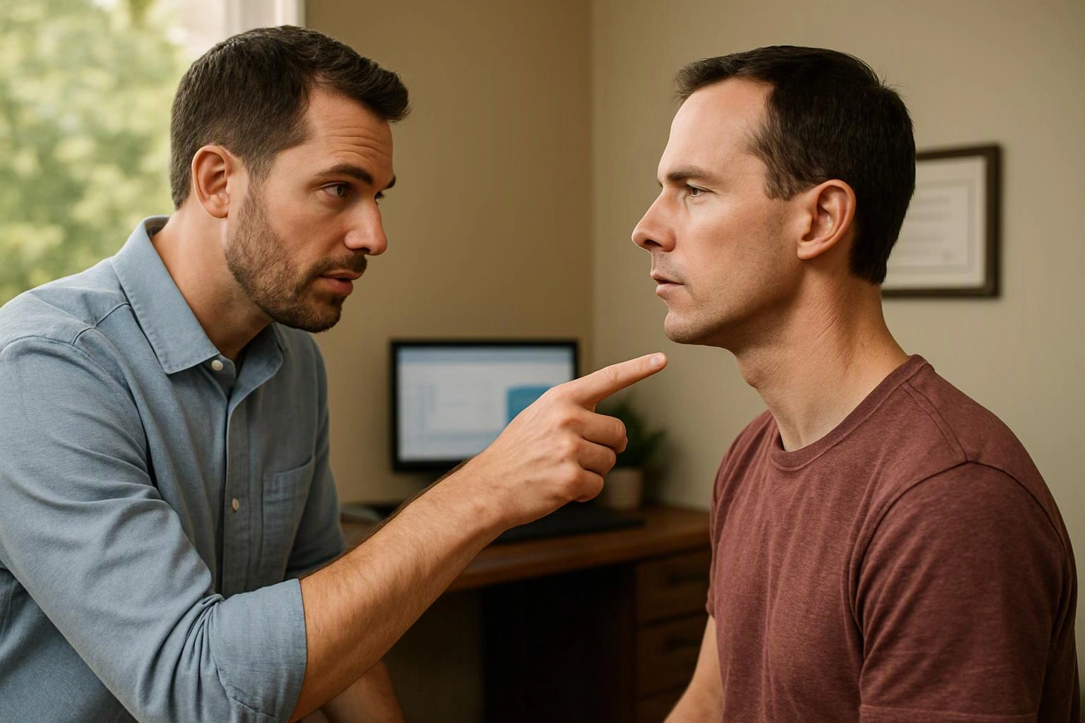 Two men sit face to face in an office, one pointing toward the other’s chin during a tense conversation