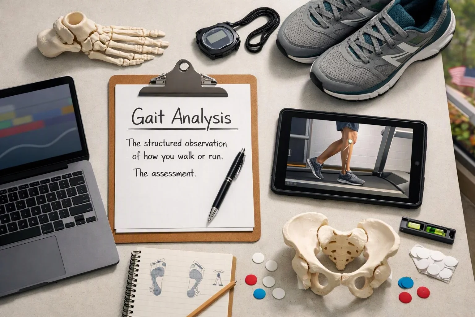 A desk display shows gait analysis tools, with shoes, a tablet, a clipboard, and bone models around a laptop