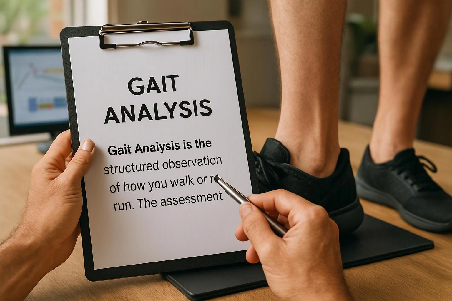 A clinician holds a clipboard labeled gait analysis while a person stands in black sneakers on a mat