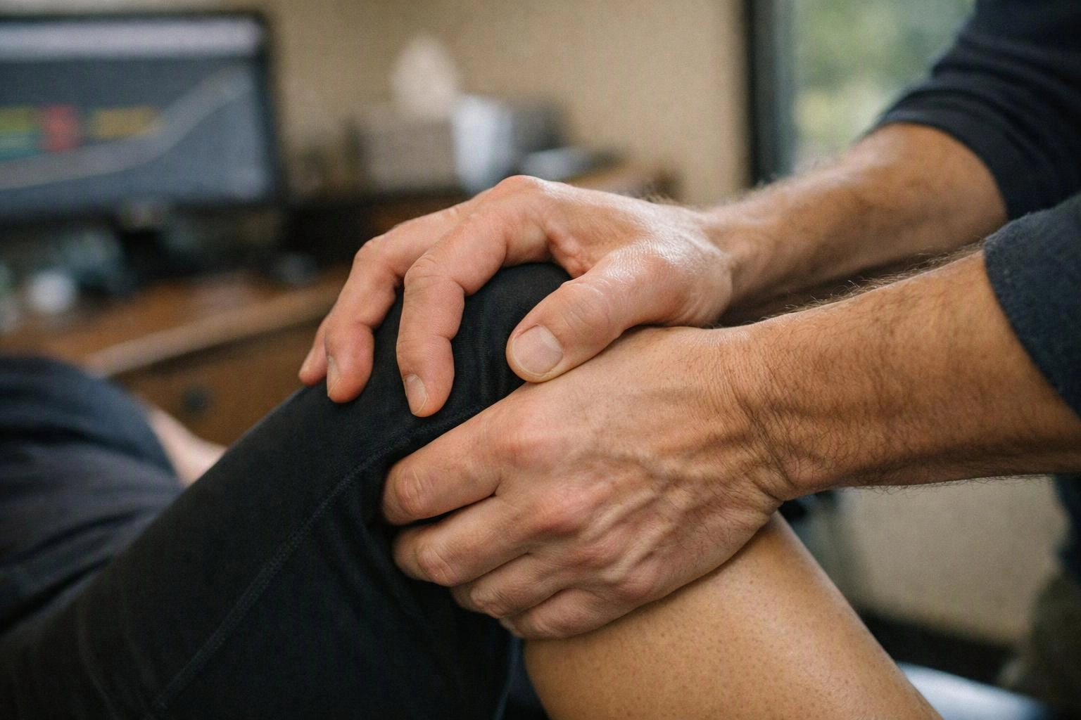 Close-up of hands holding a bent knee in a room with a blurred monitor in the background