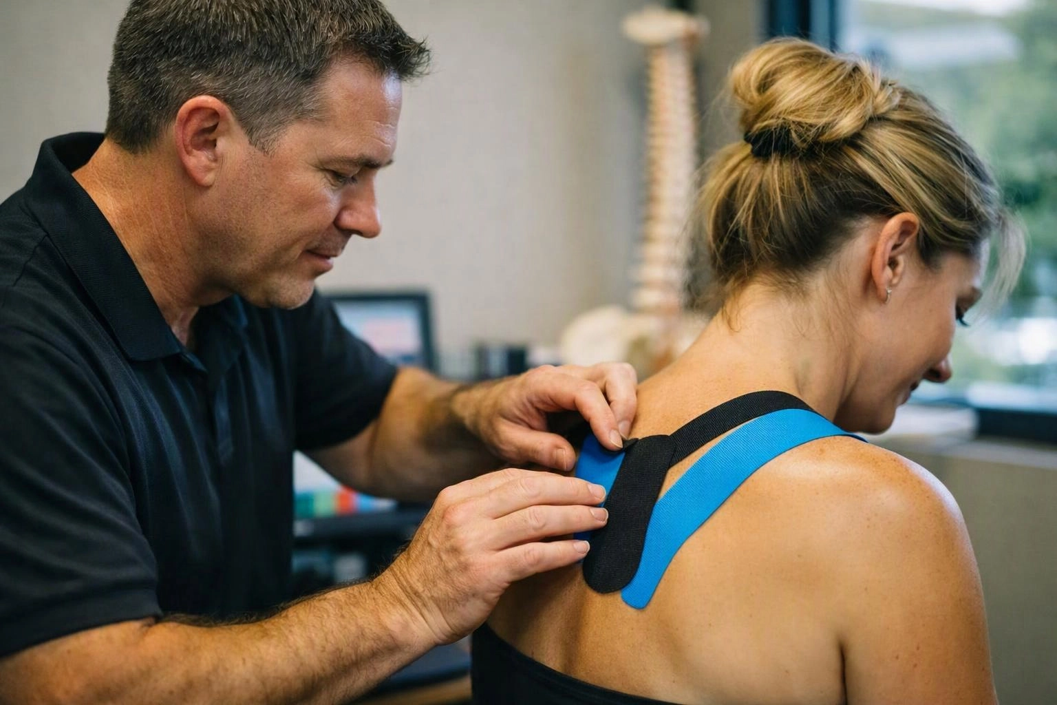 A man applies blue and black kinesiology tape to a woman's upper back in a clinic room
