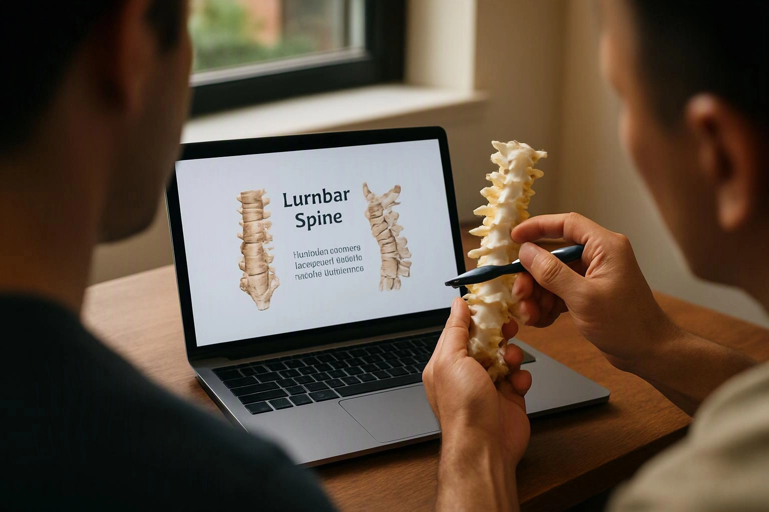 Two people study a laptop showing a lumbar spine diagram while one points at a model vertebra on a table
