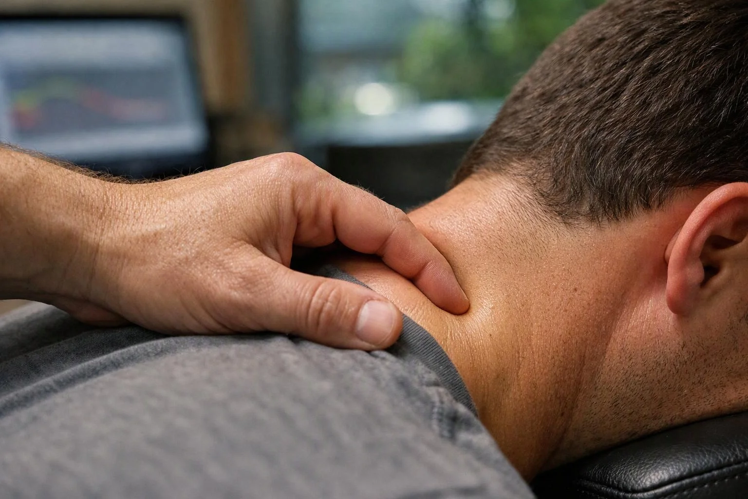A hand presses the back of a man’s neck as he lies face down on a treatment table