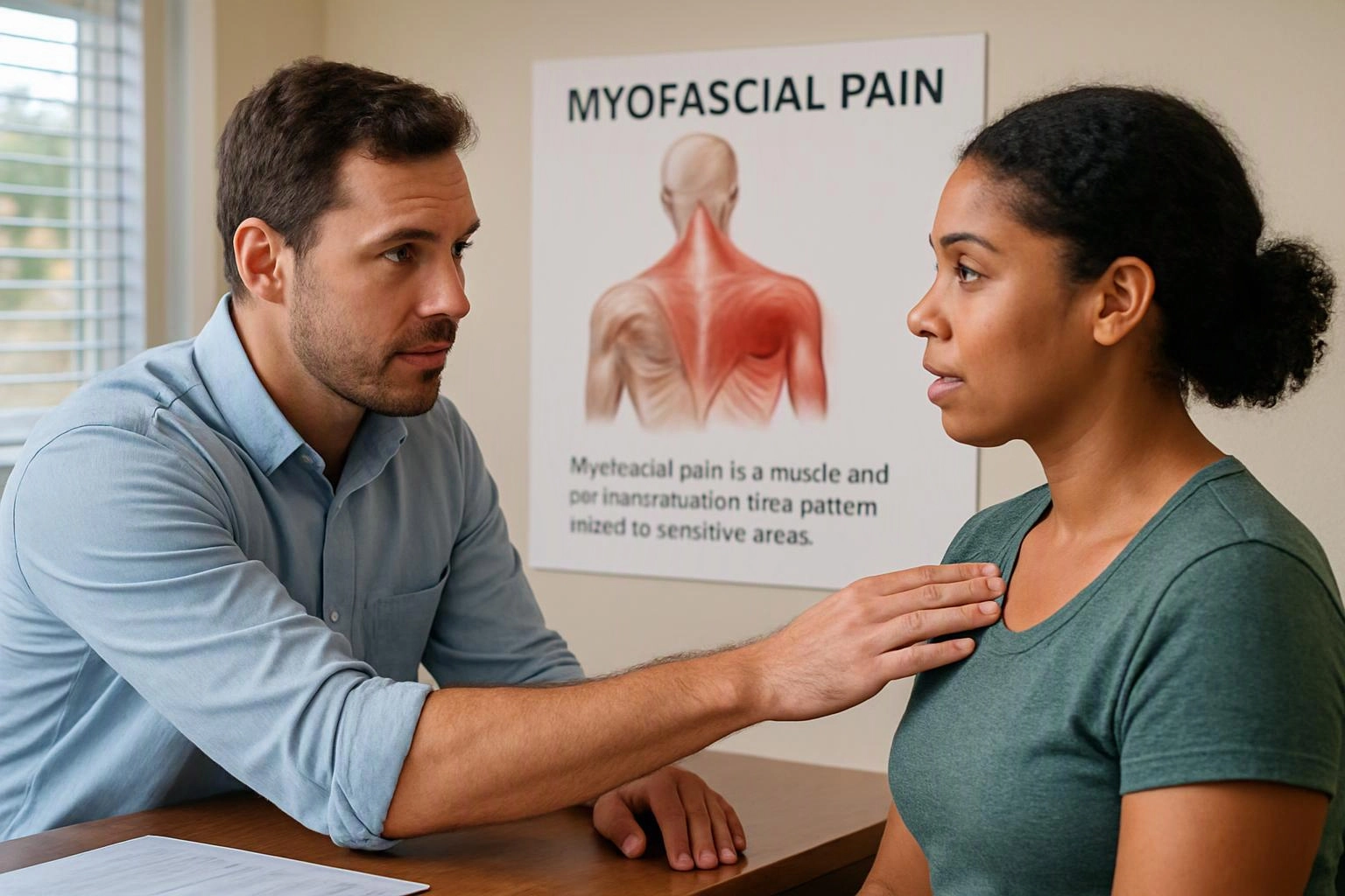 A man examines a woman’s shoulder while a myofascial pain poster hangs behind them