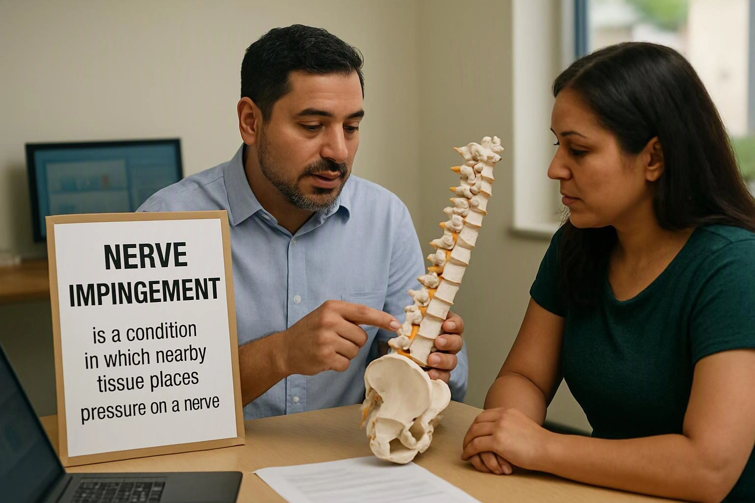 A man explains a spine model to a woman beside a sign about nerve impingement
