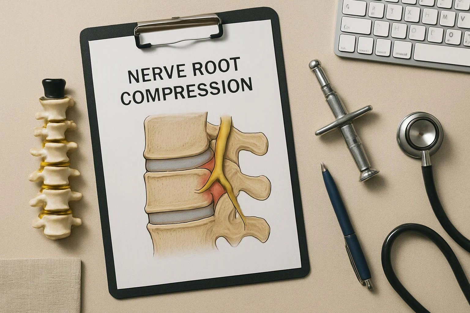 Clipboard shows a spine diagram labeled nerve root compression beside a keyboard, pen, stethoscope, and vertebra model