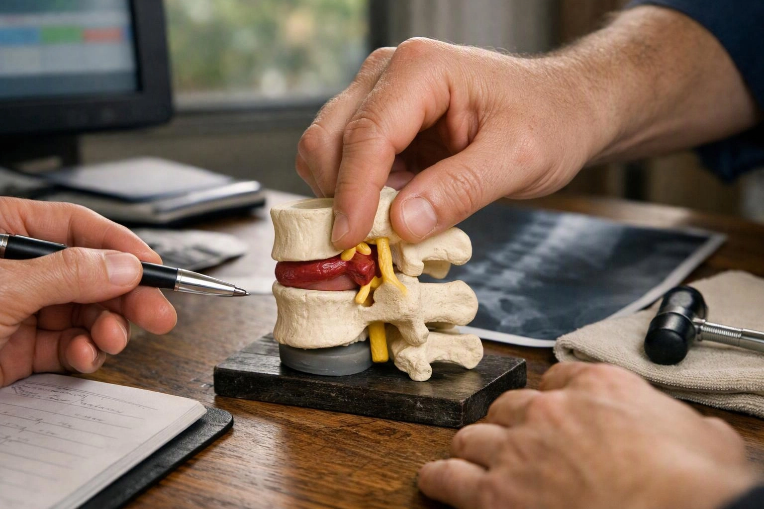 Hands examine a spine model on a desk, with a pen pointing at the red disc and yellow nerves