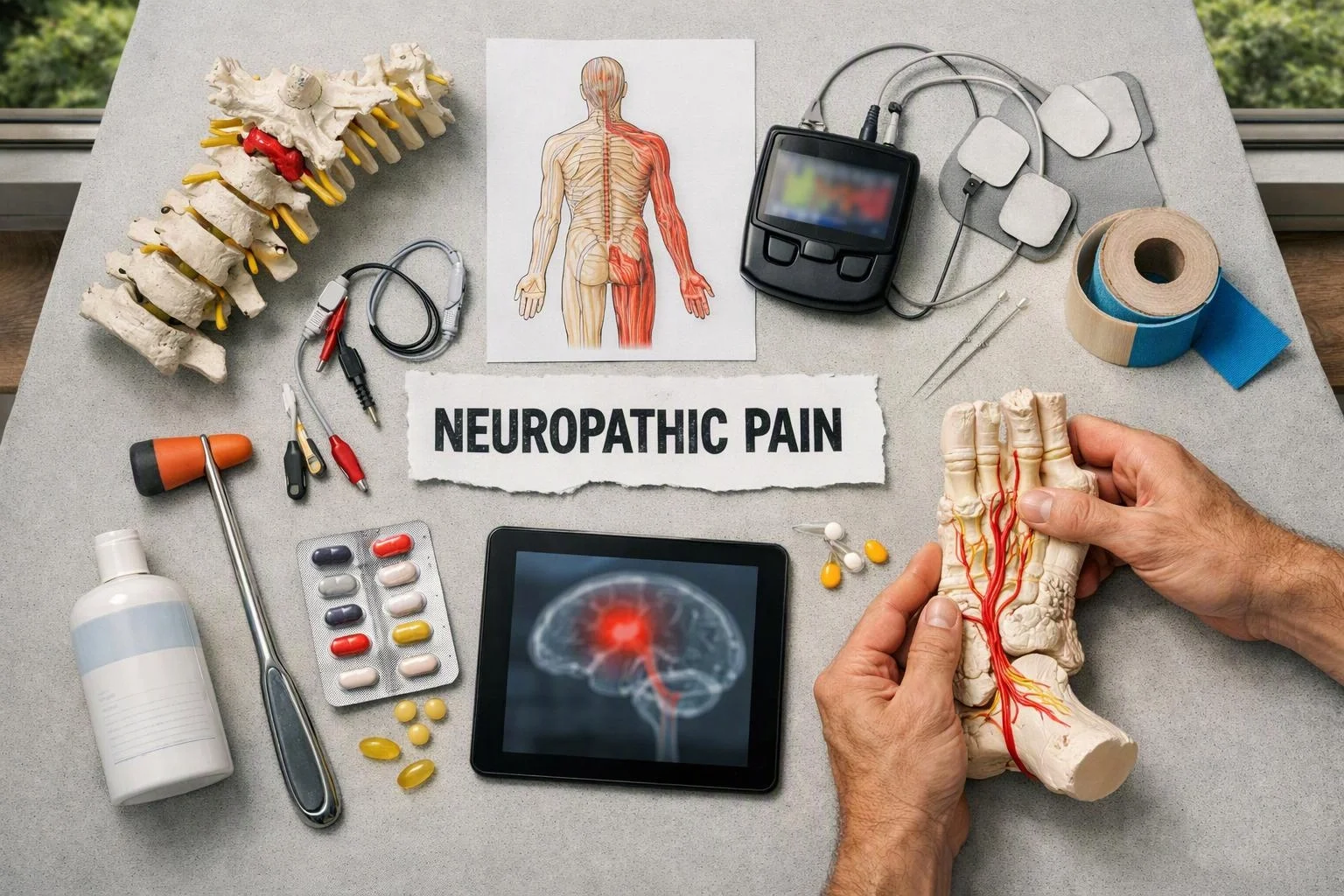 Medical tools and anatomy models surround a torn paper label reading neuropathic pain on a gray table