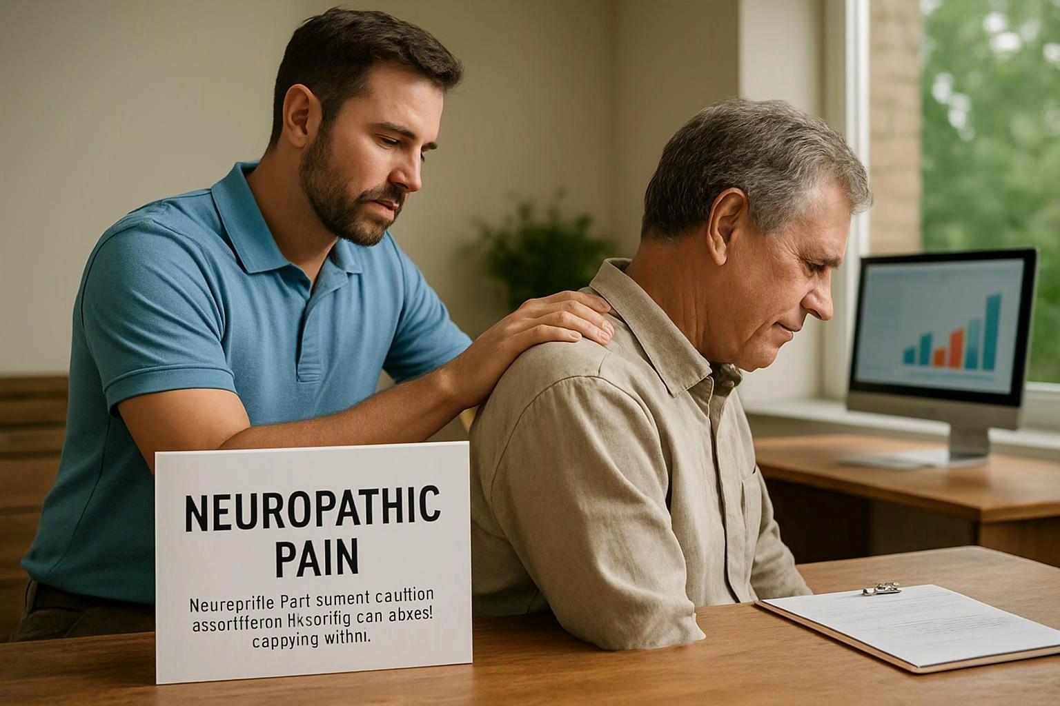 A younger man rests his hands on an older man’s shoulders beside a sign reading “NEUROPATHIC PAIN”
