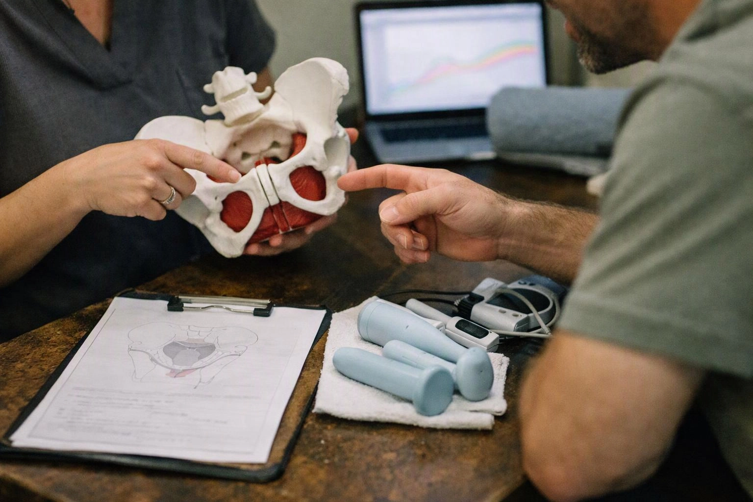 Two people point at a pelvic bone model on a table with charts and medical devices nearby