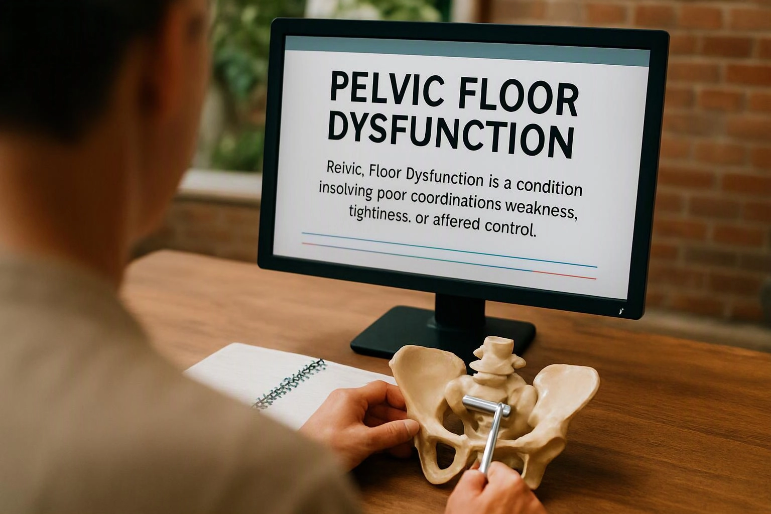 A person studies a pelvic bone model beside a monitor showing “PELVIC FLOOR DYSFUNCTION”