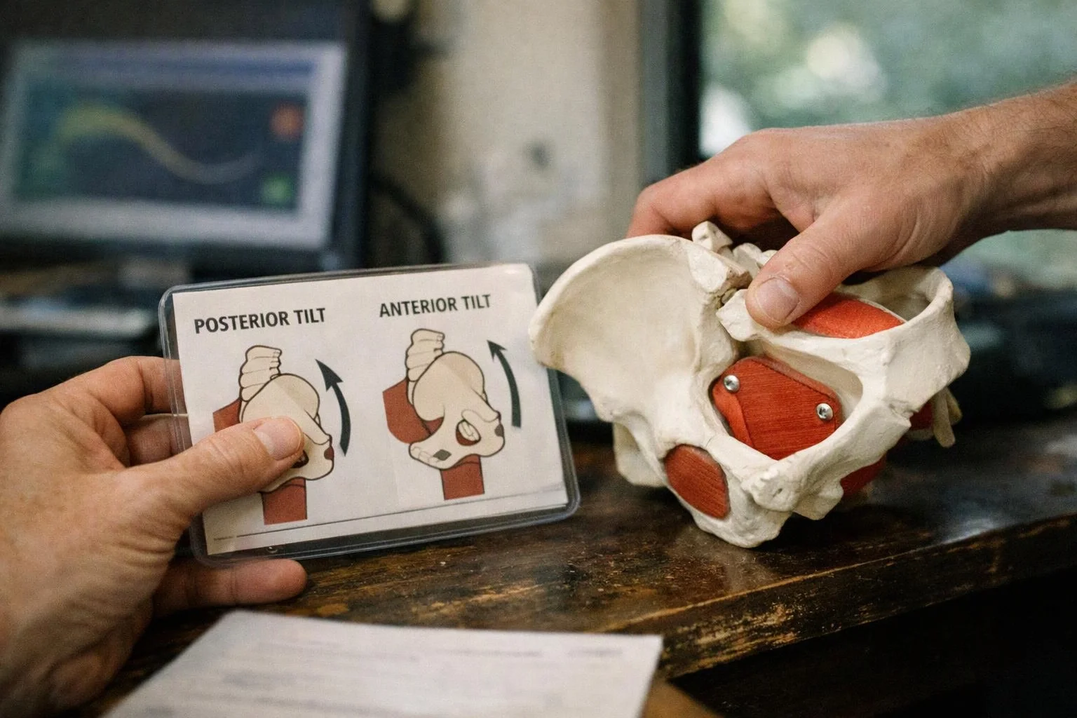 Hands hold a pelvis model and a card showing posterior and anterior tilt diagrams on a table