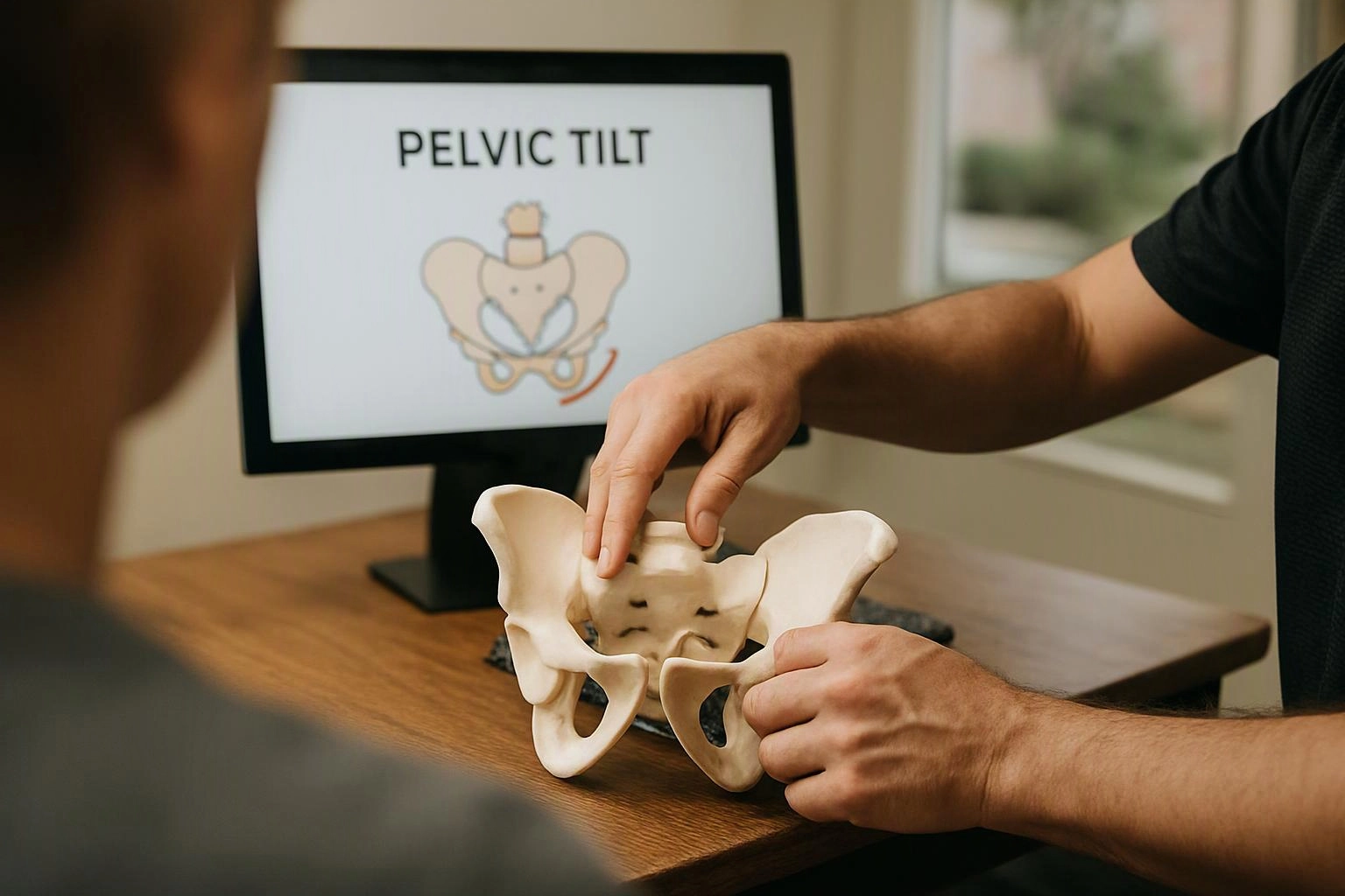 A person demonstrates a pelvis model on a desk beside a screen labeled pelvic tilt