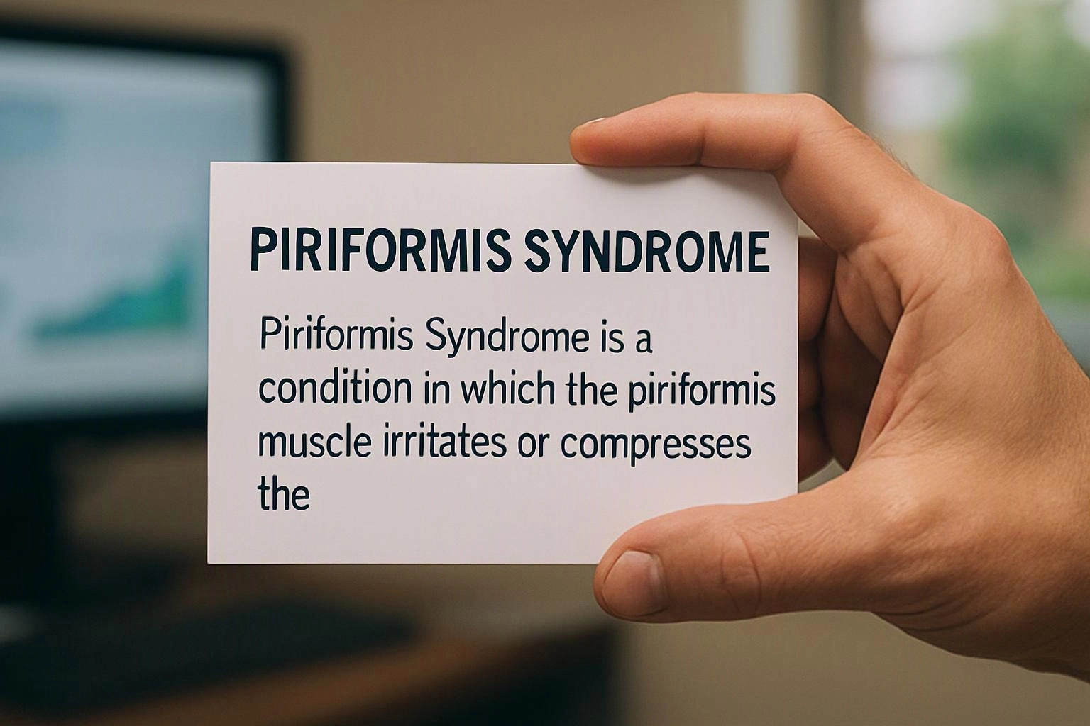 A hand holds a card reading “PIRIFORMIS SYNDROME” in front of a blurred indoor screen