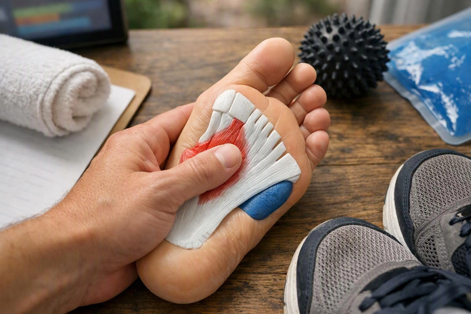 A hand presses a foot model with muscle and bone layers beside running shoes on a wooden table