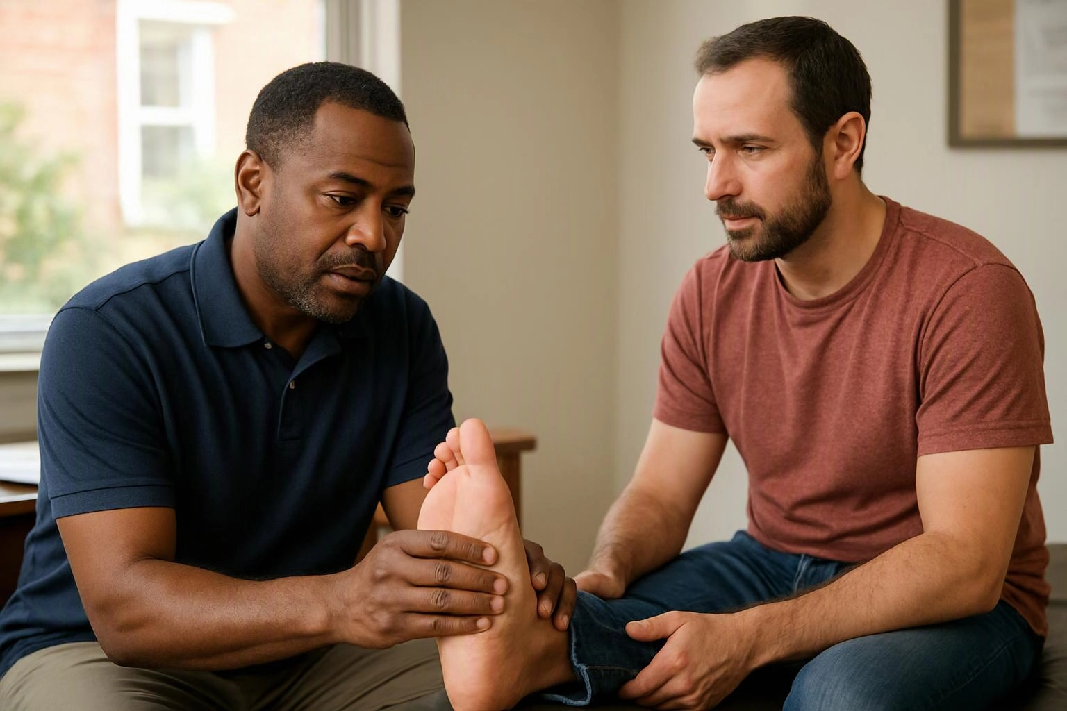 Two men sit indoors while one examines the other’s bare foot and ankle