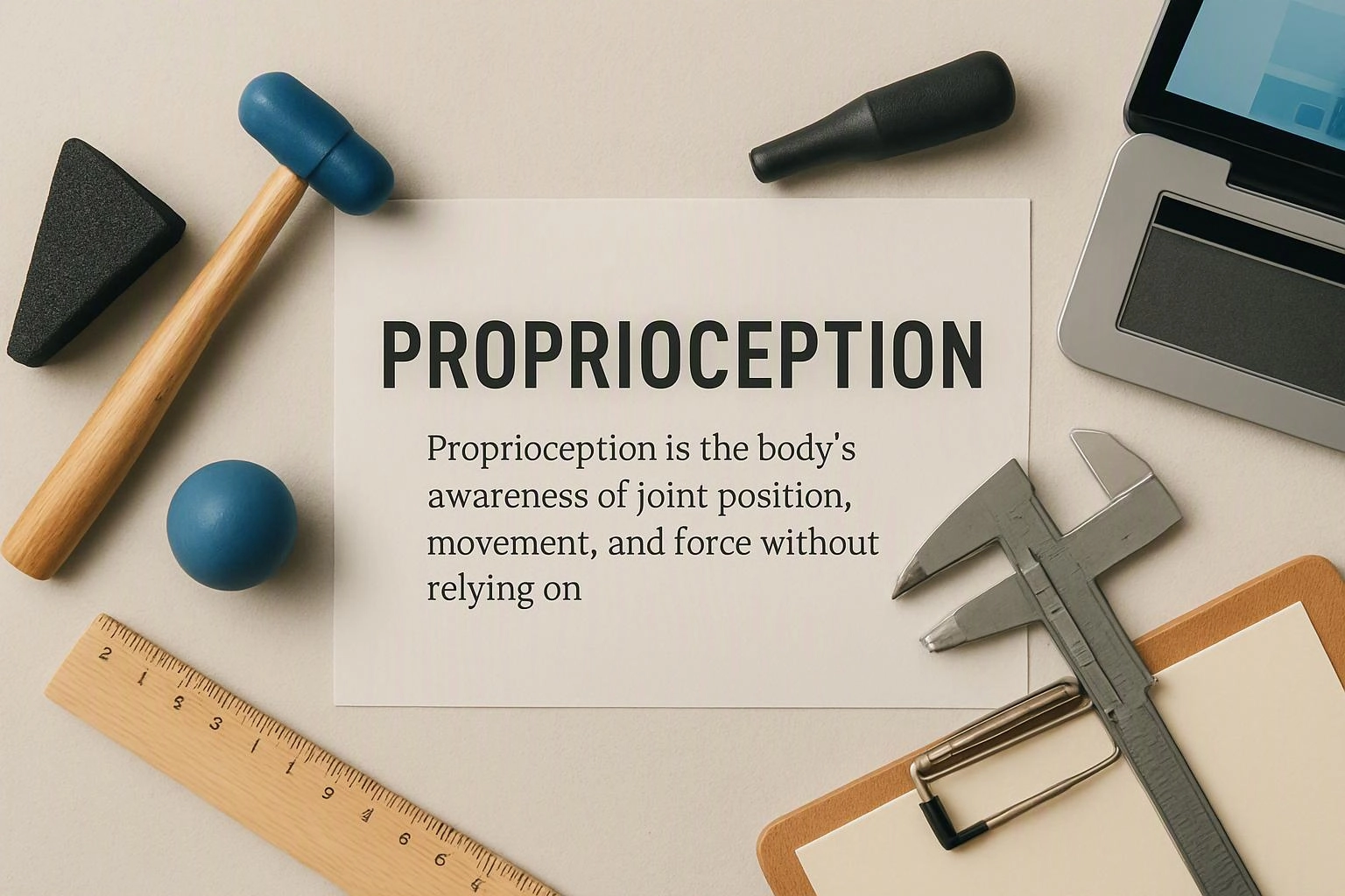 A paper labeled “PROPRIOCEPTION” sits among measuring tools, a hammer, and a laptop on a desk