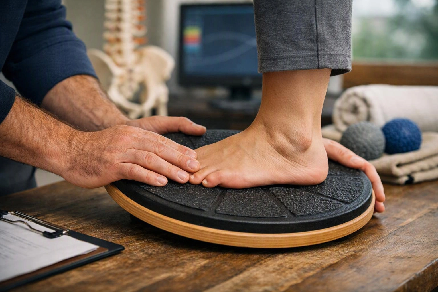 A therapist steadies a bare foot on a balance board during a clinic evaluation, with a spine model and clipboard nearby