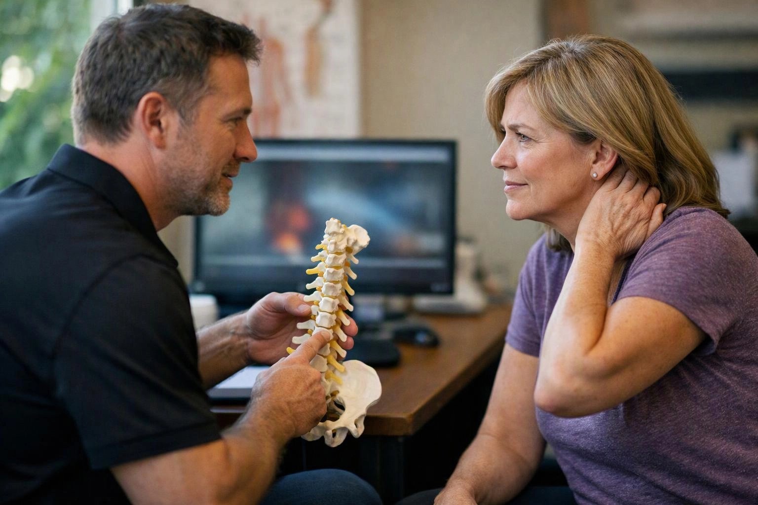 A man shows a woman a spine model while she holds her neck in an office chair