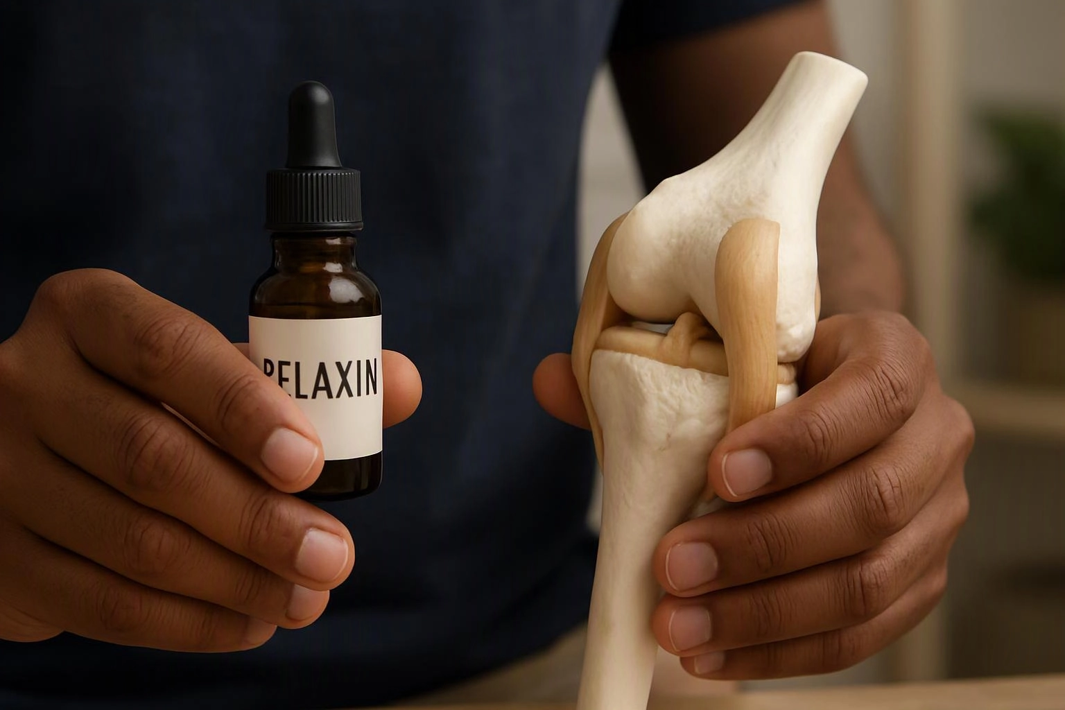 Hands hold a dropper bottle labeled RELAXIN beside a knee joint model on a table