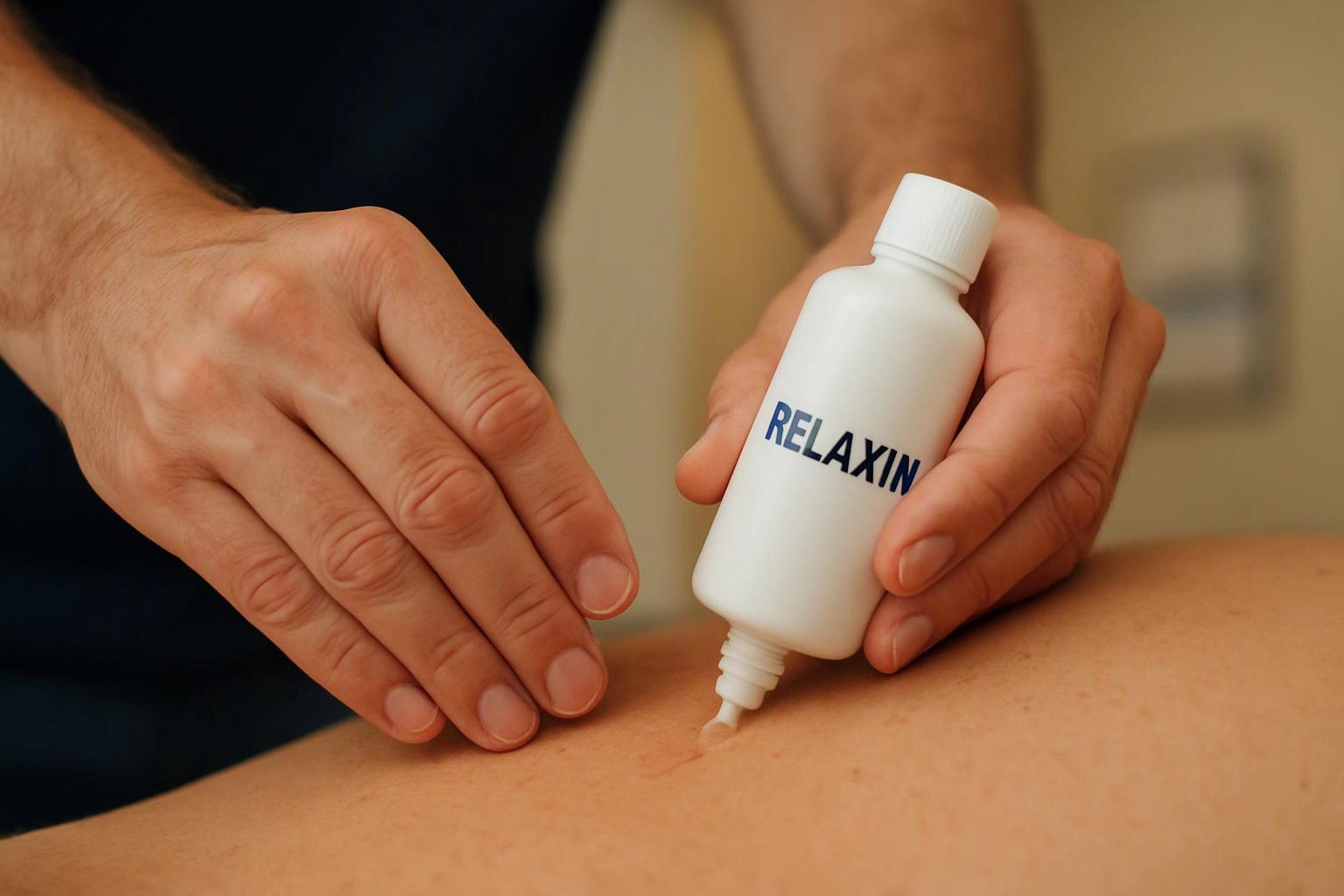 Hands apply cream from a white bottle labeled RELAXIN onto bare skin