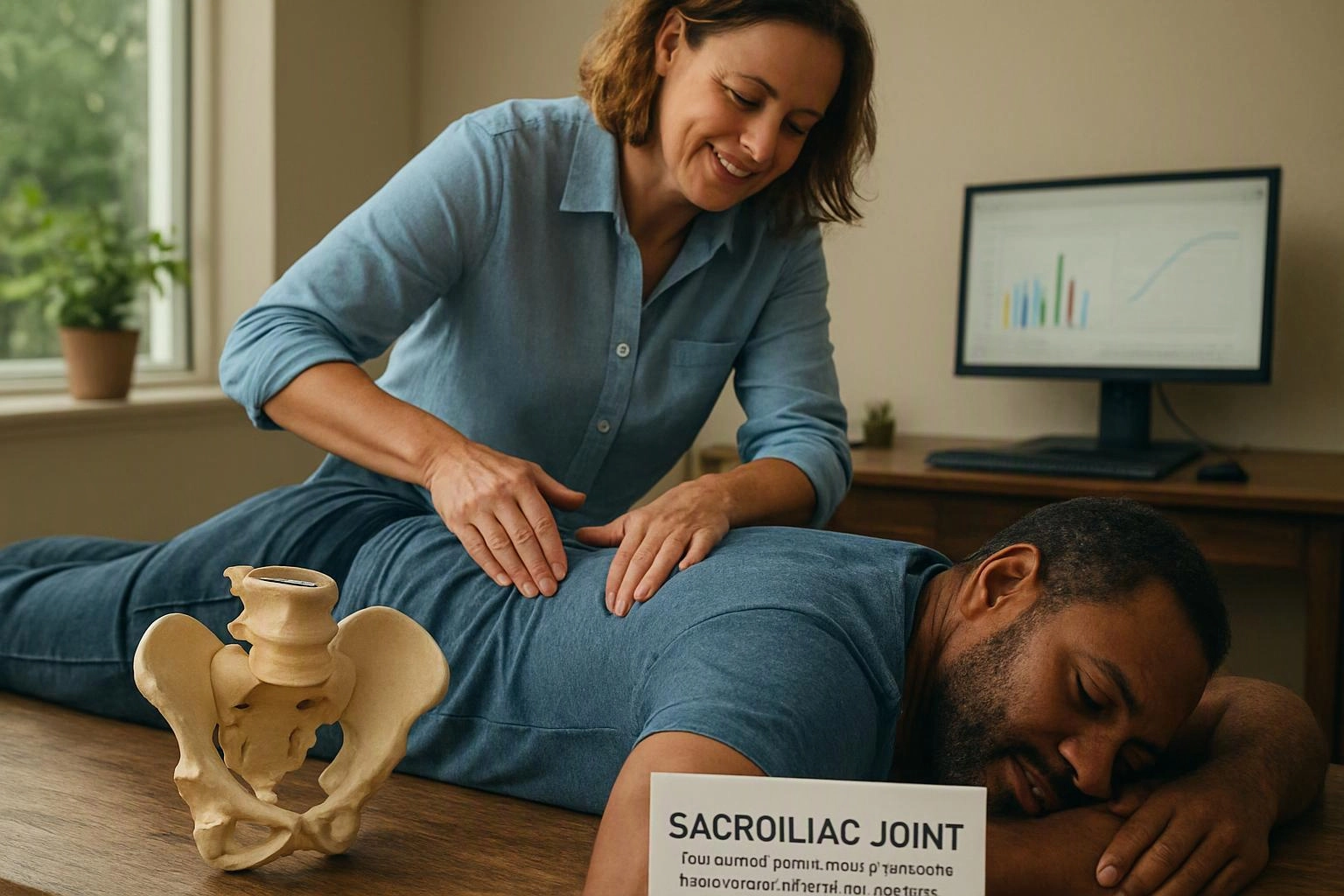 A woman gives a back massage to a man lying on a table beside a pelvis model and computer monitor