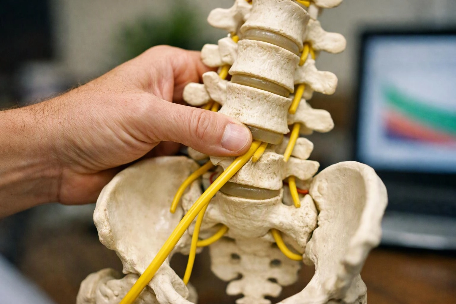 A hand holds a spine and pelvis model with yellow nerves in front of a blurred screen