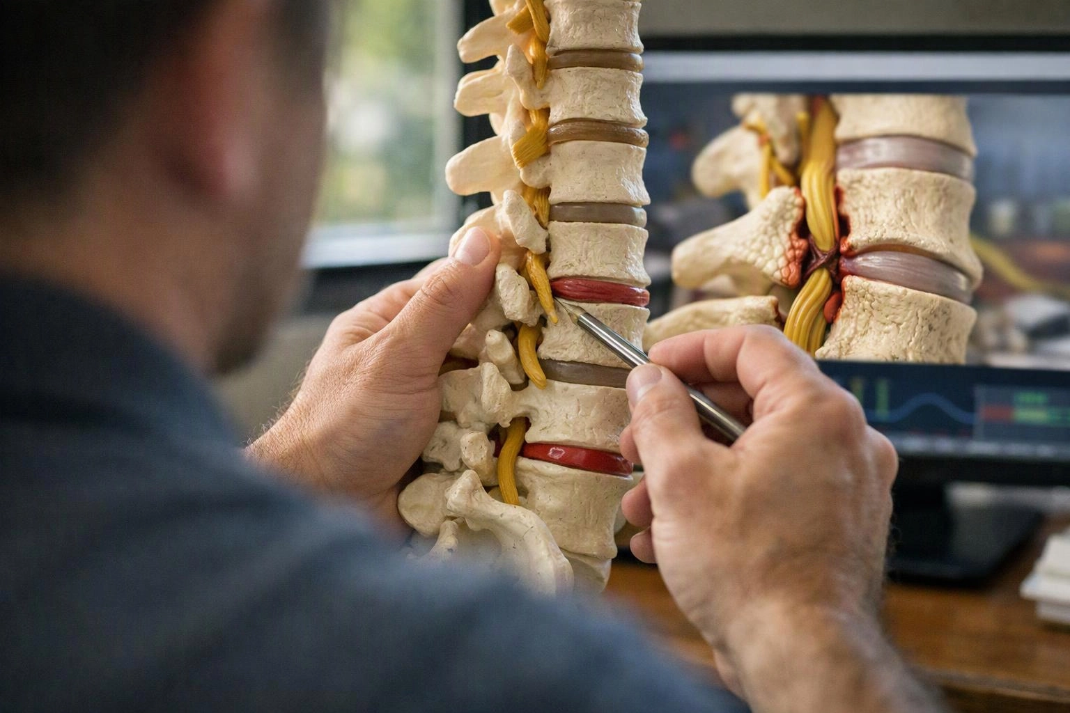 A person points a metal tool at a spine model beside a computer screen in a classroom or office