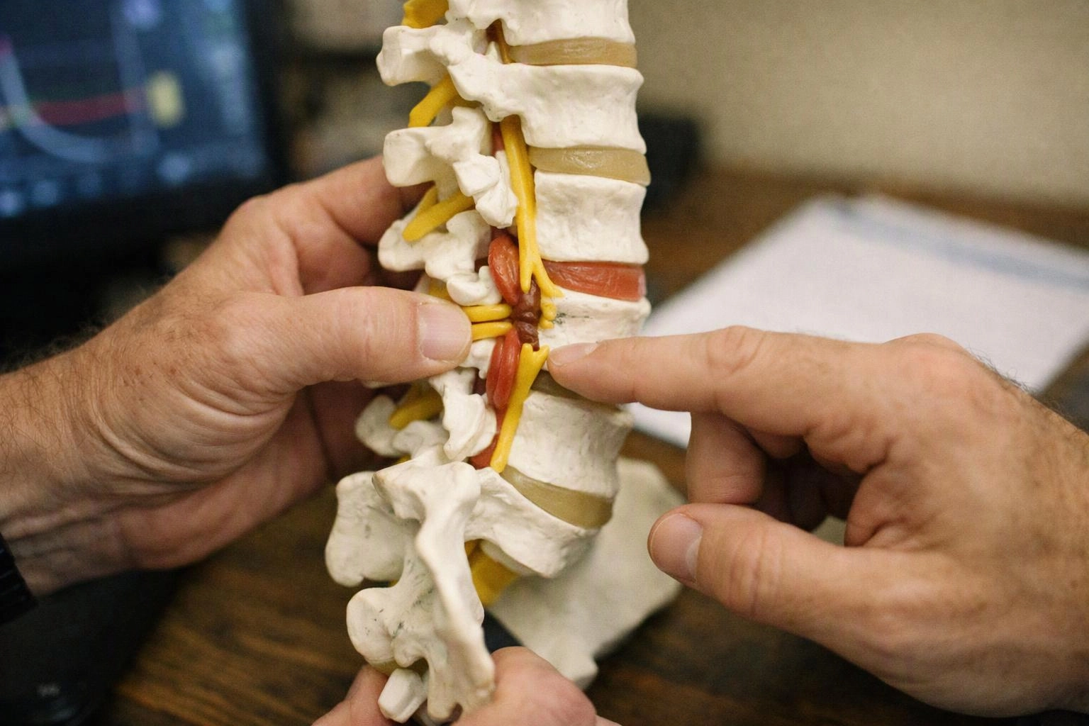 Hands point to yellow nerves and red tissue on a spine model over a desk