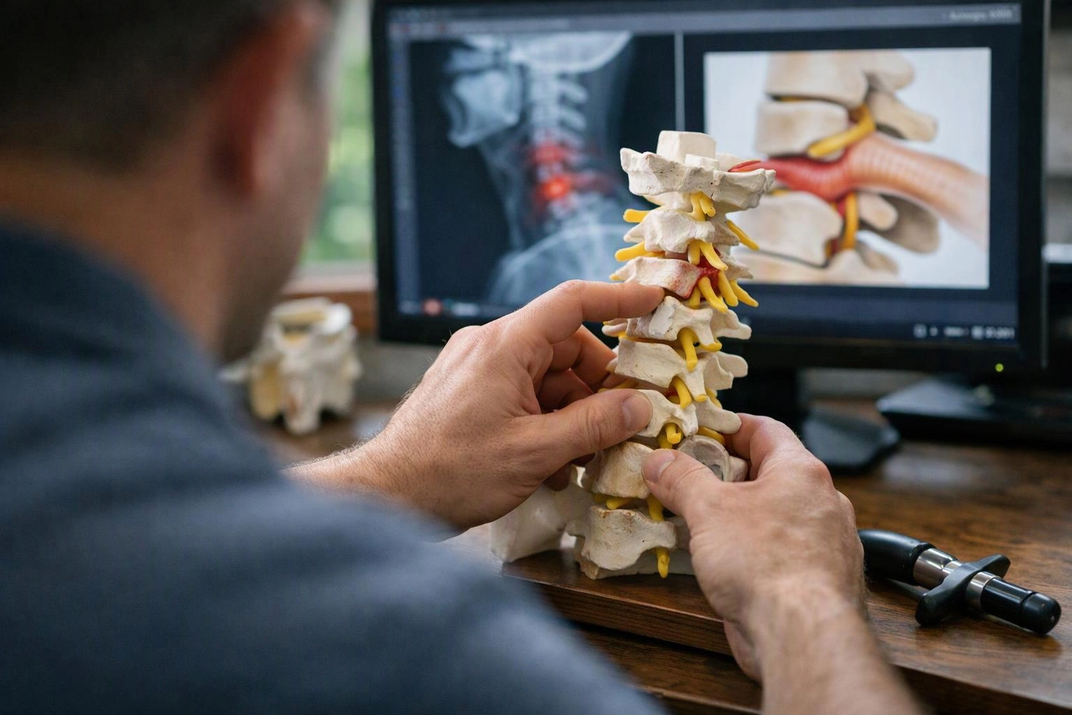 A person studies a spine model at a desk while a monitor shows neck images