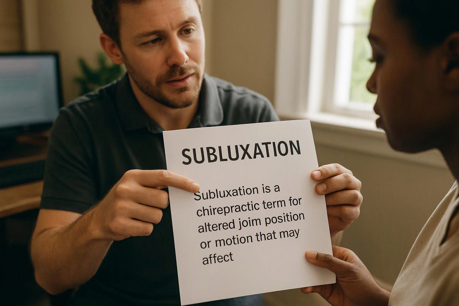 A man points to a printed sheet labeled “SUBLUXATION” while a woman holds it in a bright room