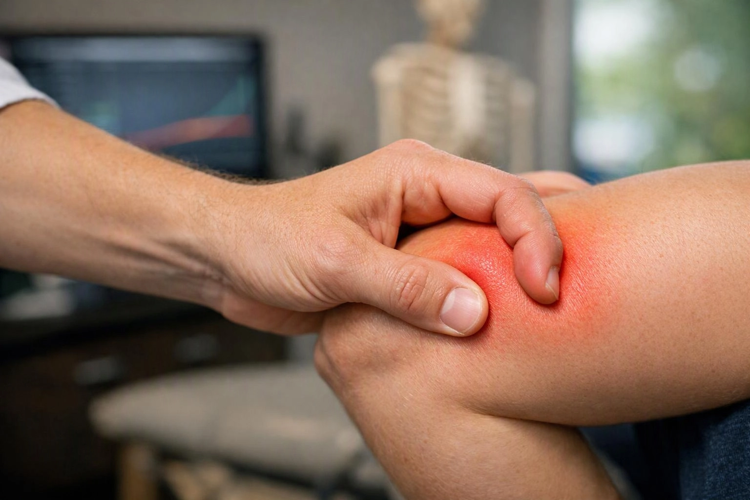 A hand presses a red, painful-looking spot on a bent knee in a clinic room