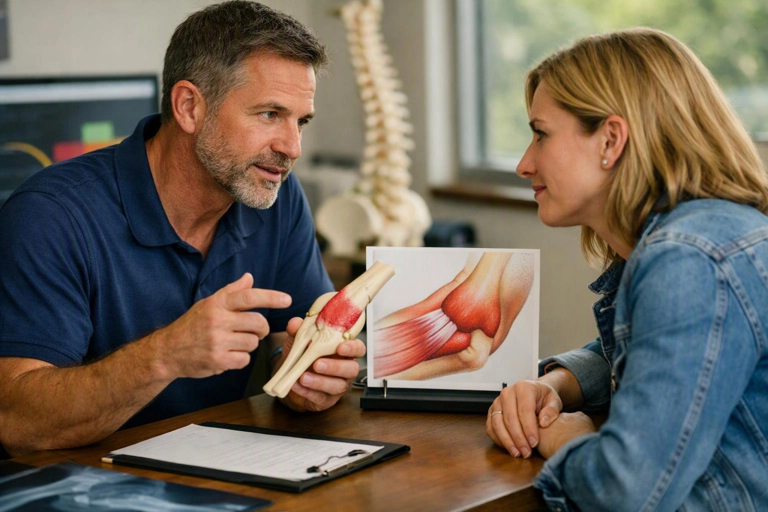 A doctor shows a knee model and joint diagram to a woman across a desk in a clinic room