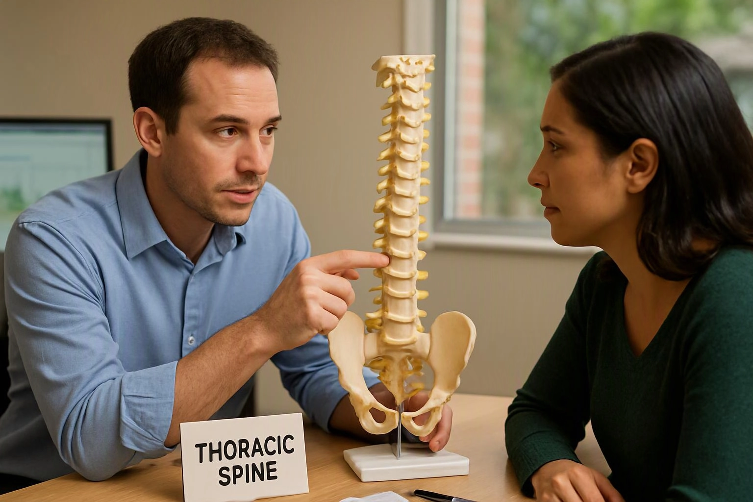 A man points at a spine model while a woman listens across a table in a clinic room