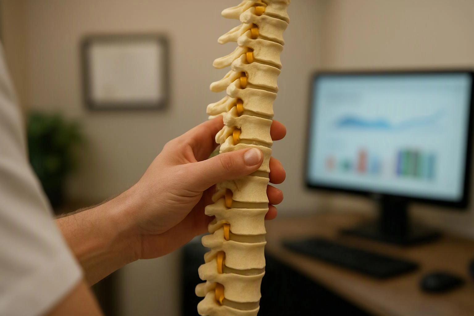 A hand holds a spine model beside a blurred computer monitor in a clinic office