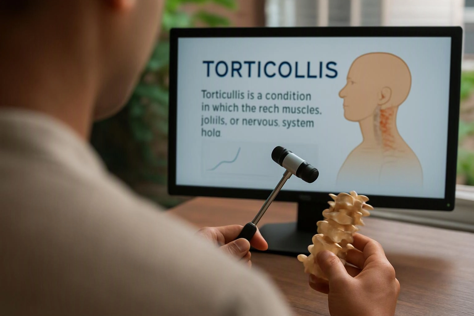A person holds a spine model and reflex hammer while viewing a screen about torticollis