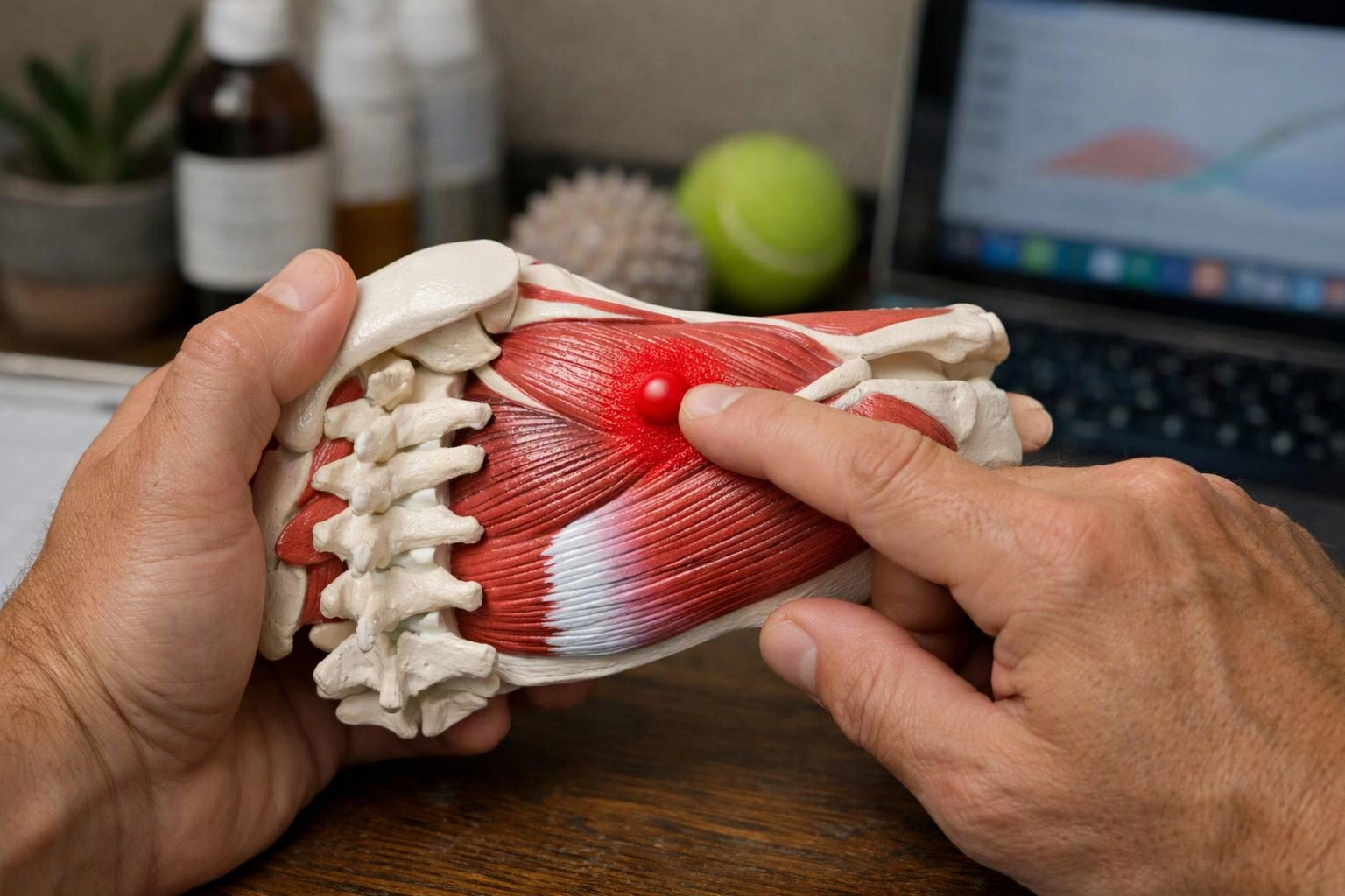 Hands hold a spine and muscle anatomy model while a finger presses a red sore spot on a desk