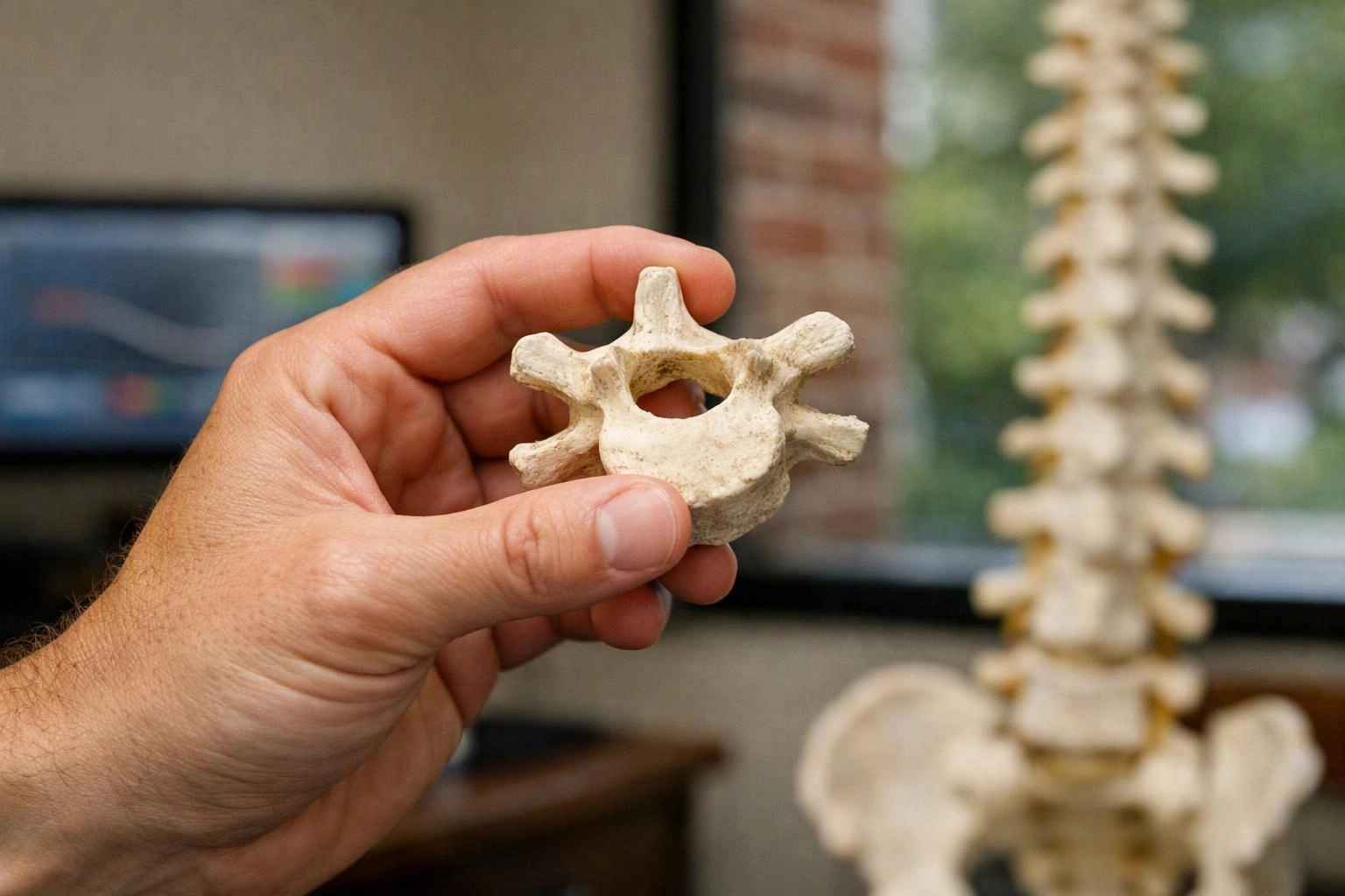 A hand holds a small vertebra bone in front of a blurred spinal column display