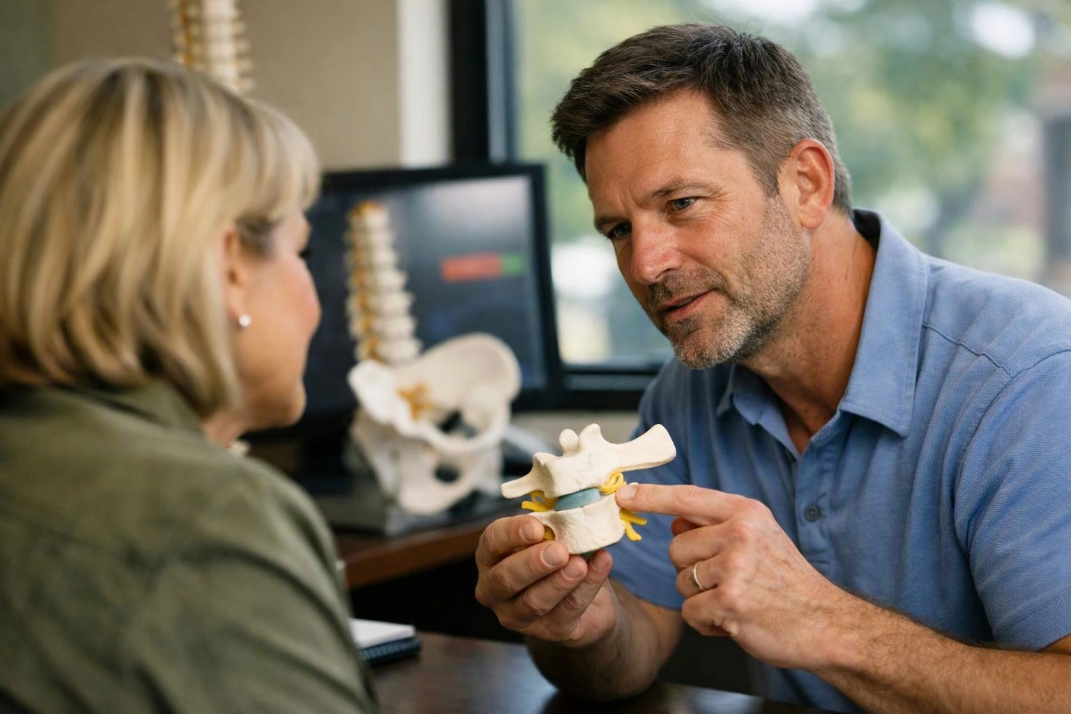 A man in a blue shirt shows a spine model to a woman in an office setting