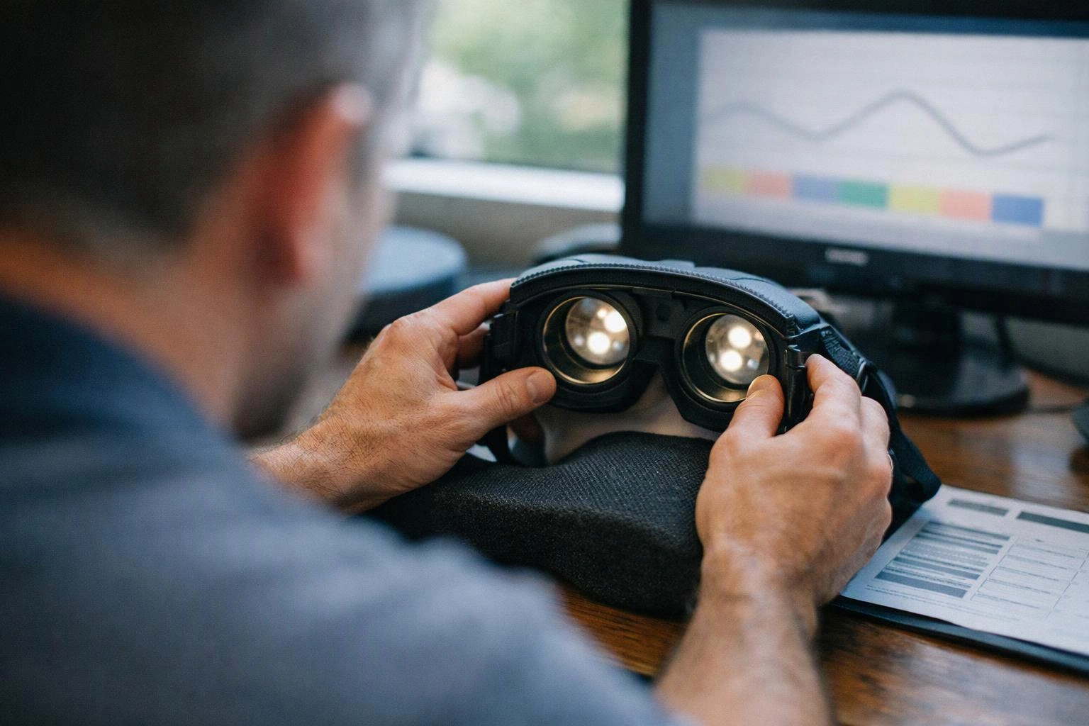 A person adjusts a virtual reality headset on a desk beside a computer monitor displaying a chart