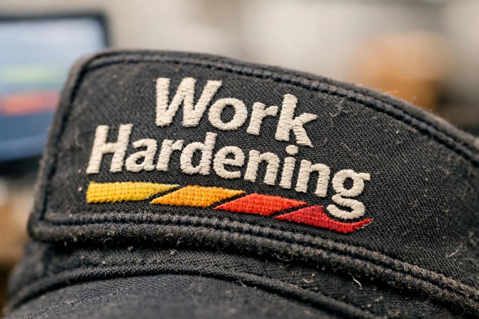 Close-up of a black cap embroidered with “Work Hardening” and colored stripes