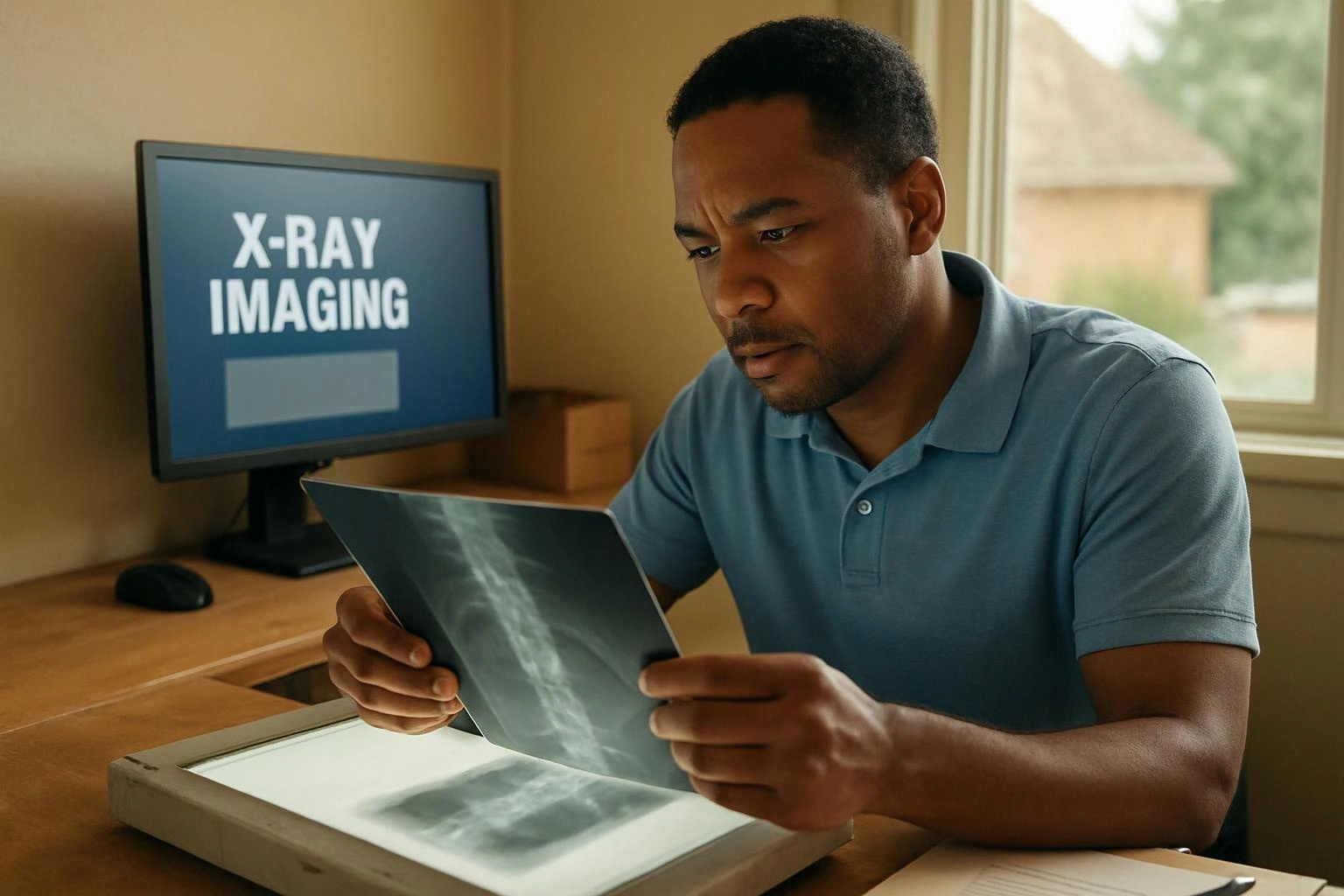 A man studies an x-ray film at a light table beside a monitor showing "X-RAY IMAGING"